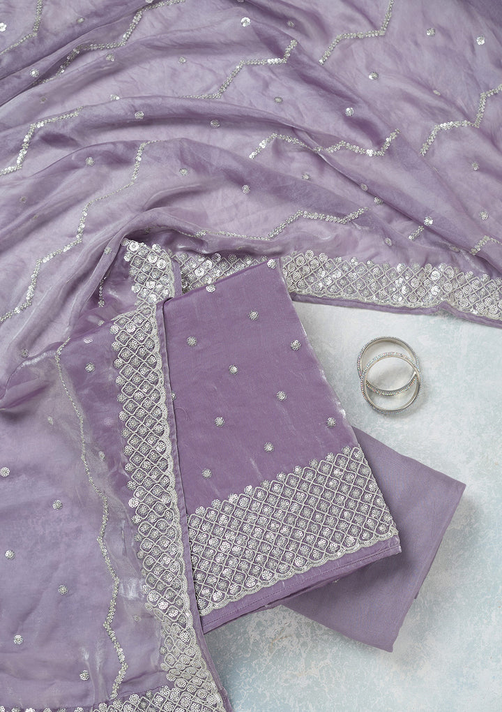 Lavender Organza Sequins Unstitched Dress Material With Matching Bottom And Dupatta