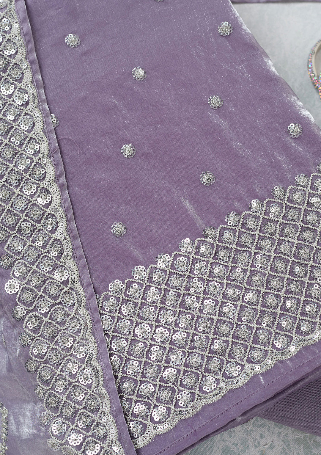 Lavender Organza Sequins Unstitched Dress Material With Matching Bottom And Dupatta