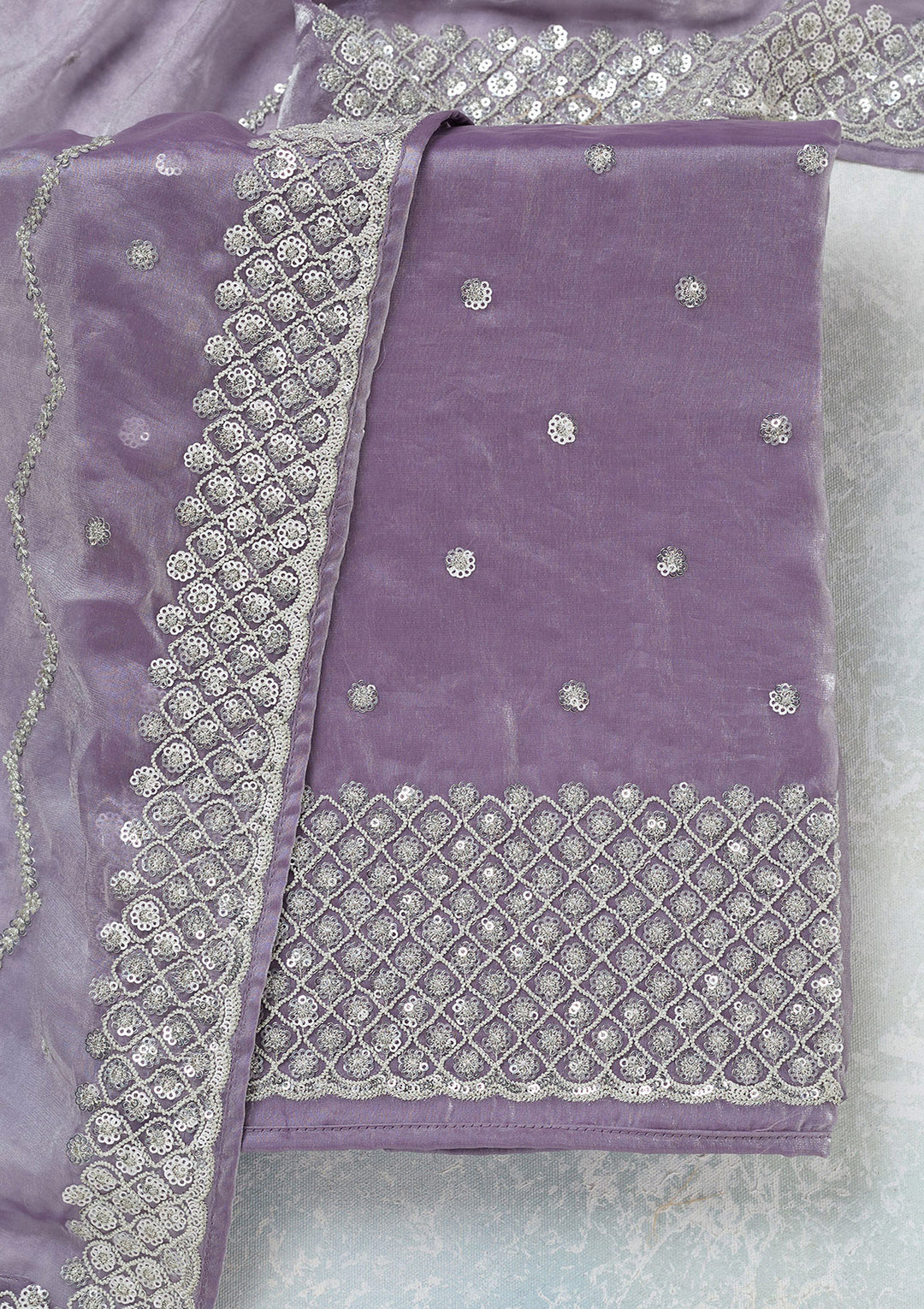 Lavender Organza Sequins Unstitched Dress Material With Matching Bottom And Dupatta