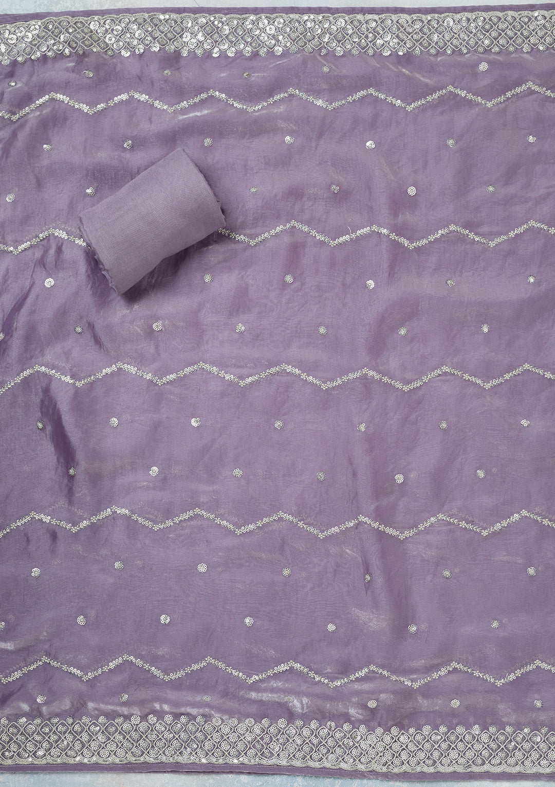 Lavender Organza Sequins Unstitched Dress Material With Matching Bottom And Dupatta