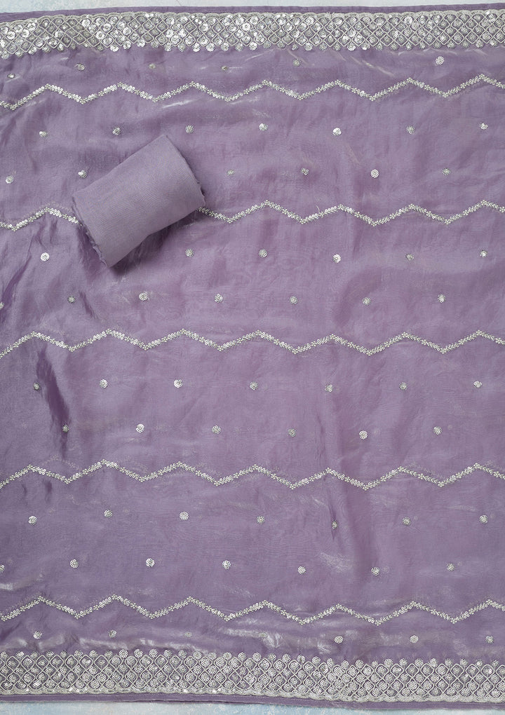 Lavender Organza Sequins Unstitched Dress Material With Matching Bottom And Dupatta