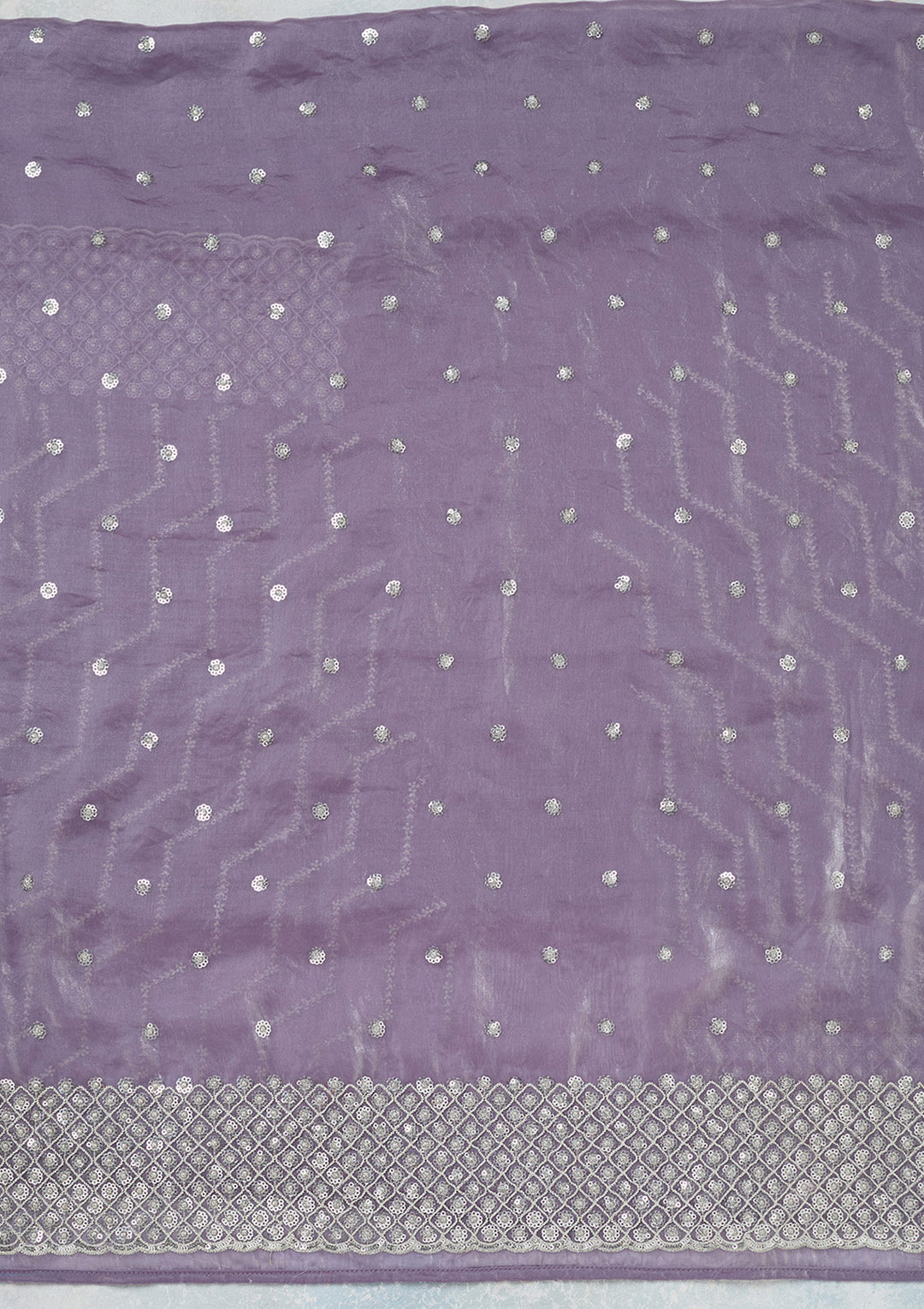 Lavender Organza Sequins Unstitched Dress Material With Matching Bottom And Dupatta