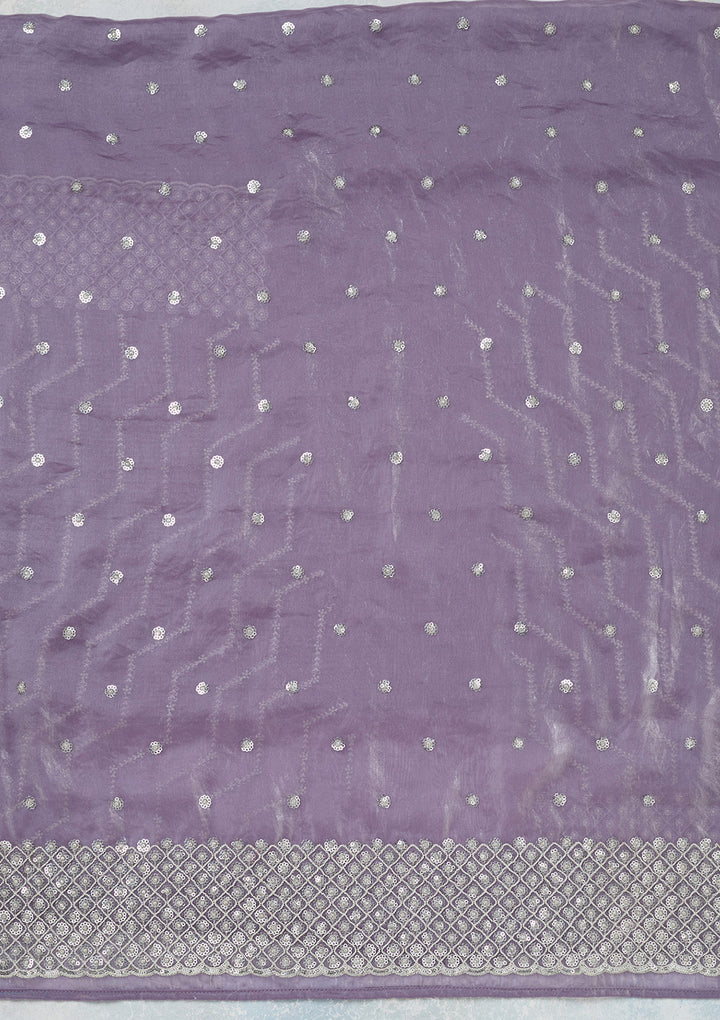 Lavender Organza Sequins Unstitched Dress Material With Matching Bottom And Dupatta