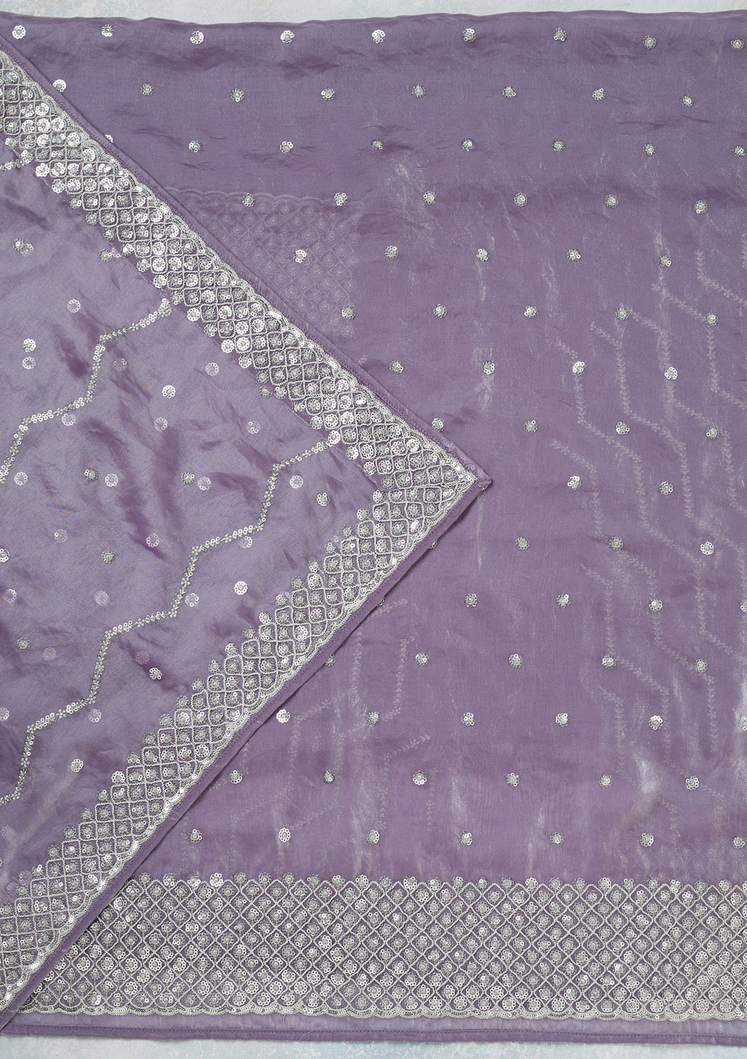 Lavender Organza Sequins Unstitched Dress Material With Matching Bottom And Dupatta