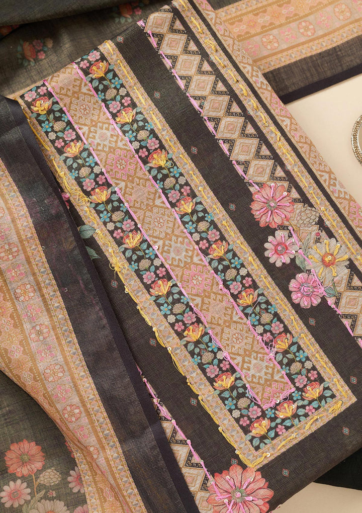 Black Threadwork Linen Unstitched Salwar Suit