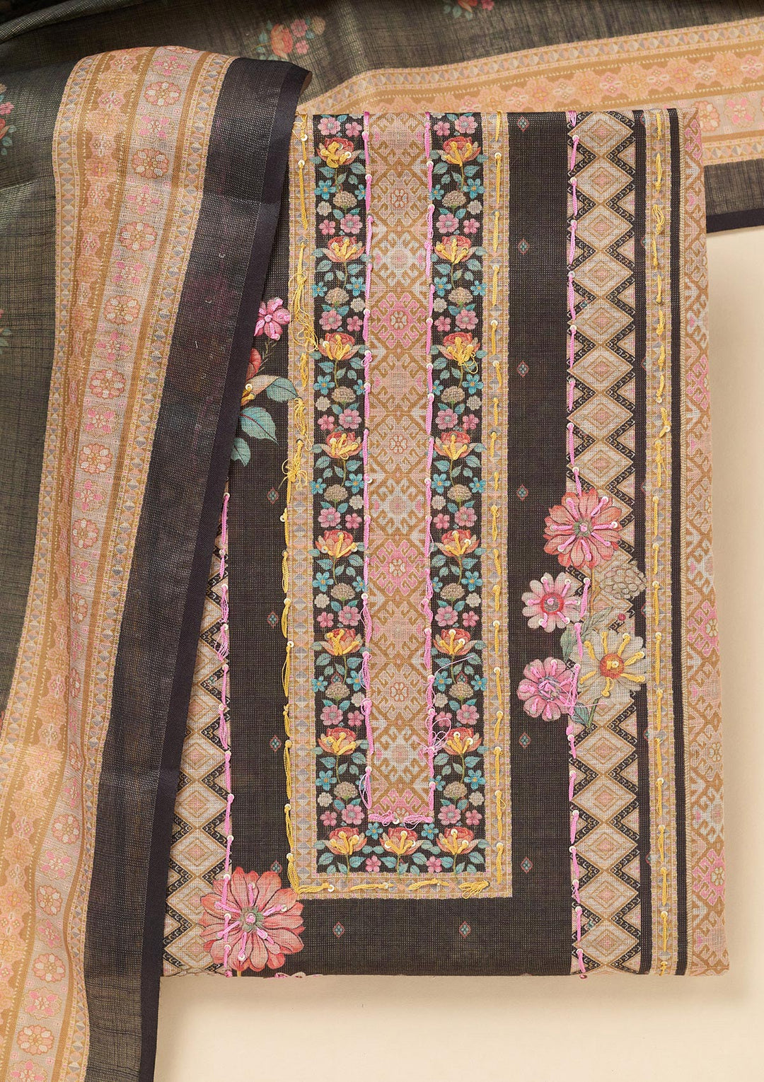 Black Threadwork Linen Unstitched Salwar Suit