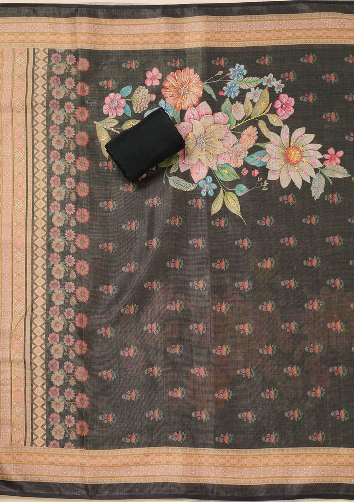 Black Threadwork Linen Unstitched Salwar Suit