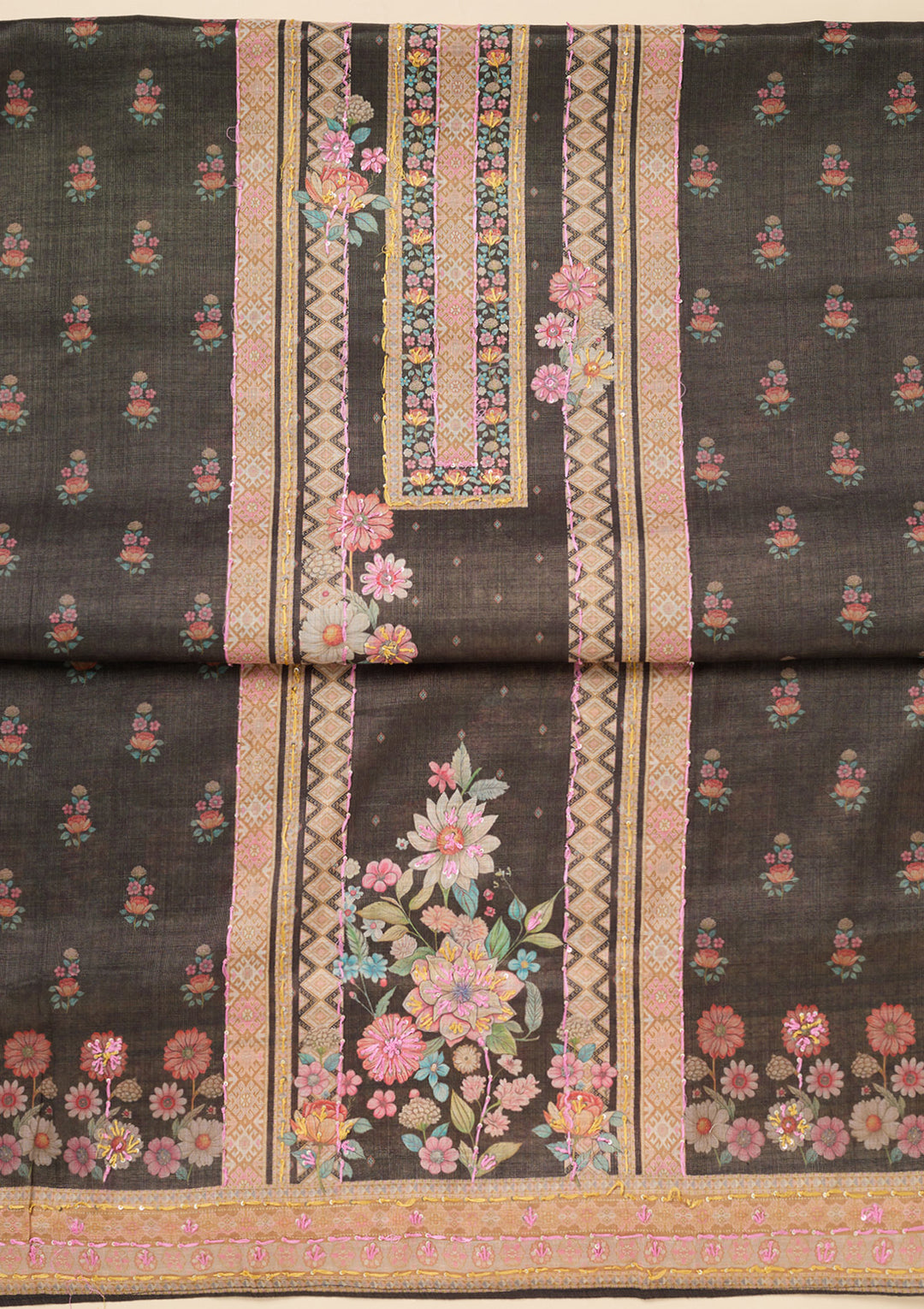 Black Threadwork Linen Unstitched Salwar Suit