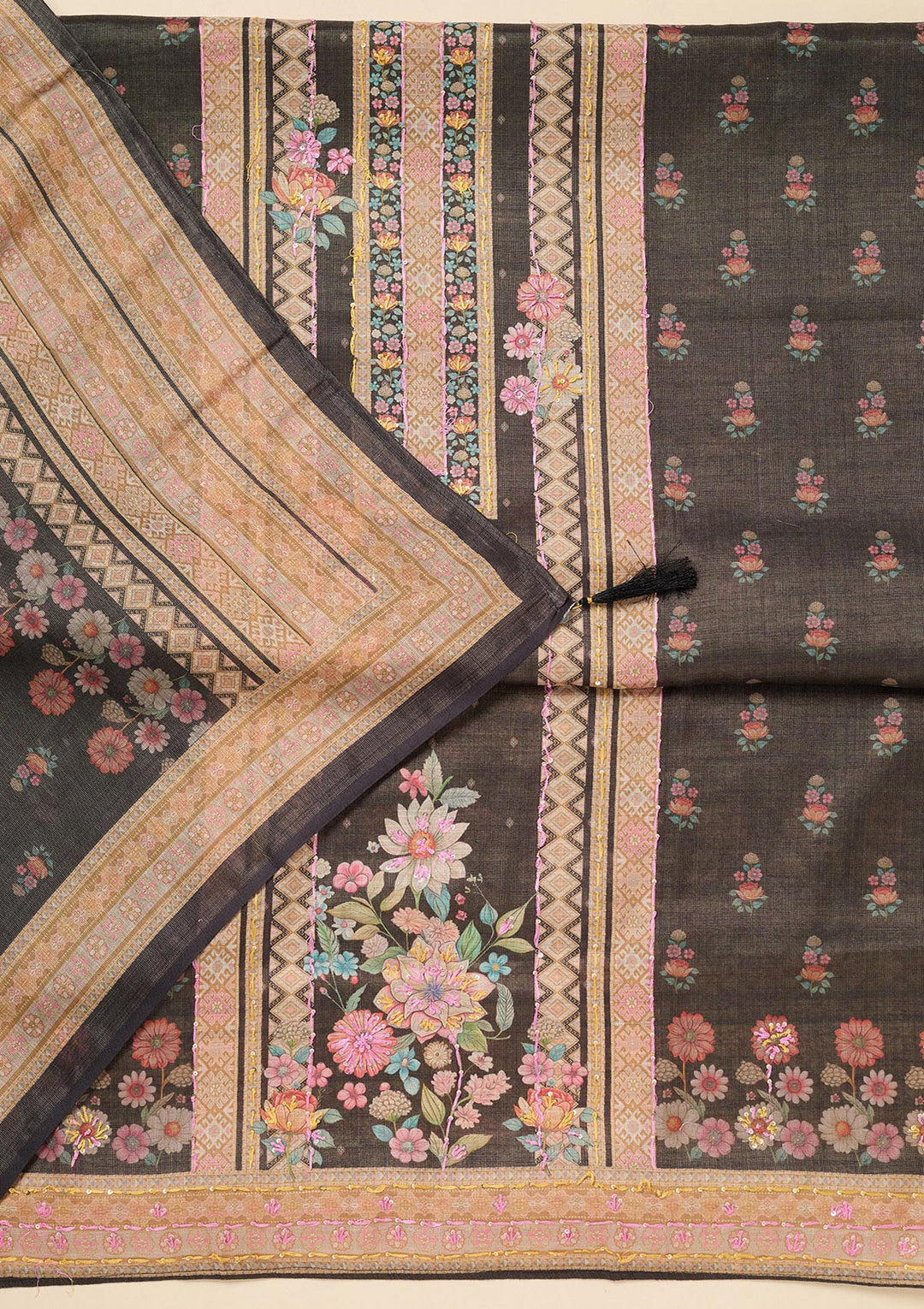 Black Threadwork Linen Unstitched Salwar Suit