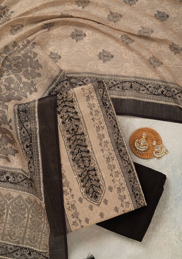 Beige Black Chanderi Threadwork Unstitched Dress Material With Matching Bottom And Dupatta