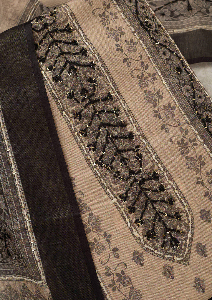 Beige Black Chanderi Threadwork Unstitched Dress Material With Matching Bottom And Dupatta