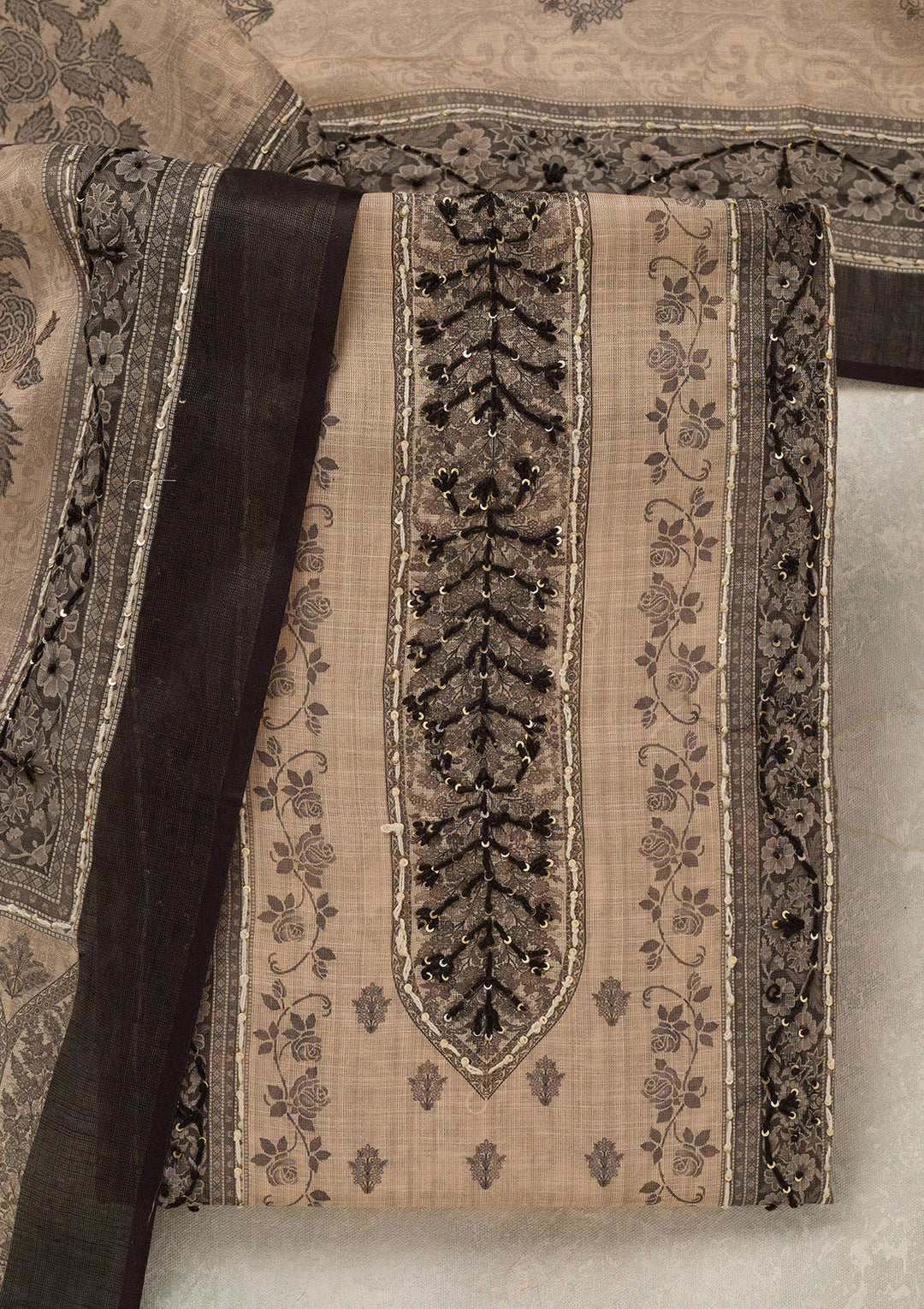 Beige Black Chanderi Threadwork Unstitched Dress Material With Matching Bottom And Dupatta