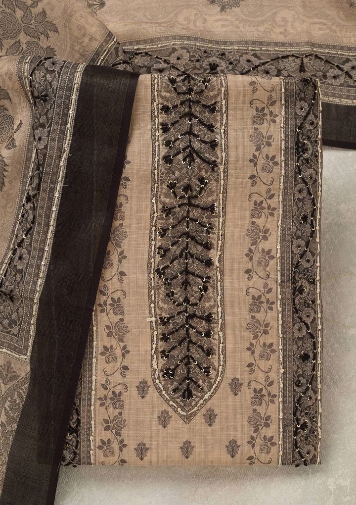 Beige Black Chanderi Threadwork Unstitched Dress Material With Matching Bottom And Dupatta