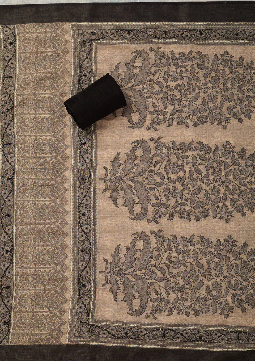 Beige Black Chanderi Threadwork Unstitched Dress Material With Matching Bottom And Dupatta