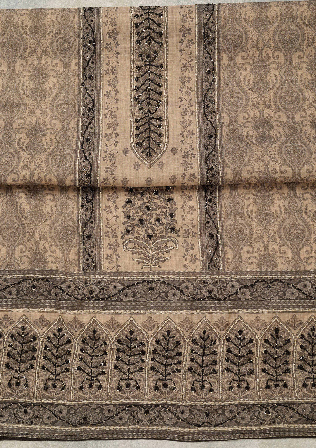 Beige Black Chanderi Threadwork Unstitched Dress Material With Matching Bottom And Dupatta