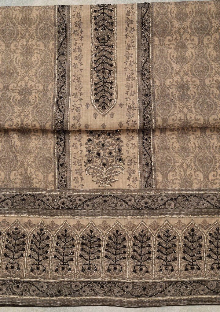 Beige Black Chanderi Threadwork Unstitched Dress Material With Matching Bottom And Dupatta