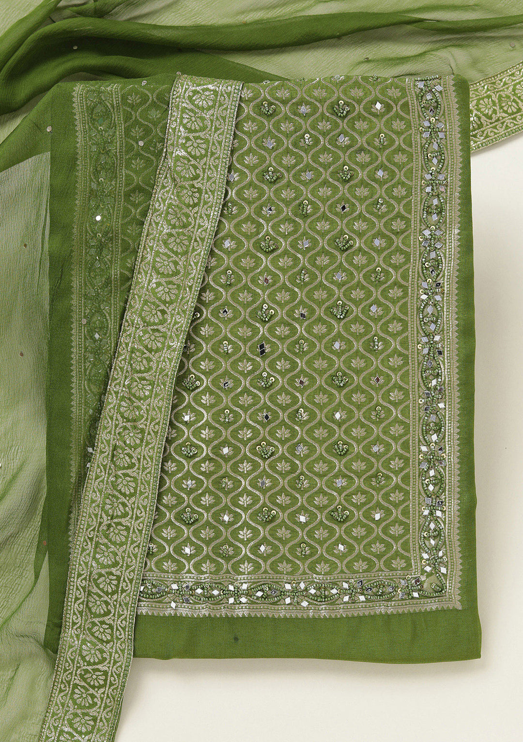 Mehendi Georgette Gold Zariwork Unstitched Dress Material With Matching Bottom And Dupatta