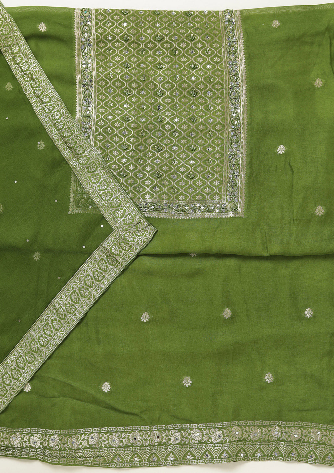 Mehendi Georgette Gold Zariwork Unstitched Dress Material With Matching Bottom And Dupatta