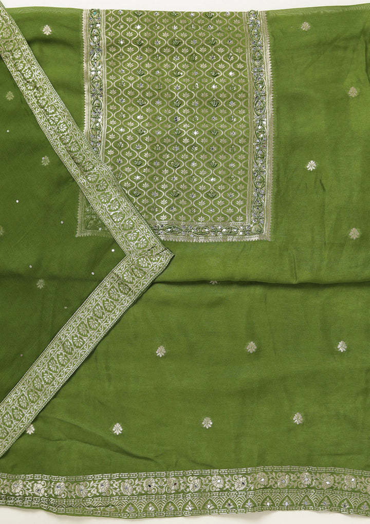 Mehendi Georgette Gold Zariwork Unstitched Dress Material With Matching Bottom And Dupatta