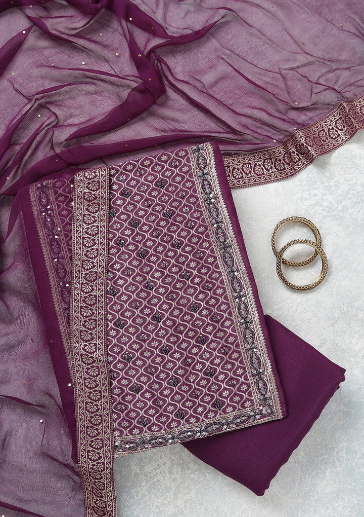 Purple Georgette Gold Zariwork Unstitched Dress Material With Matching Bottom And Dupatta