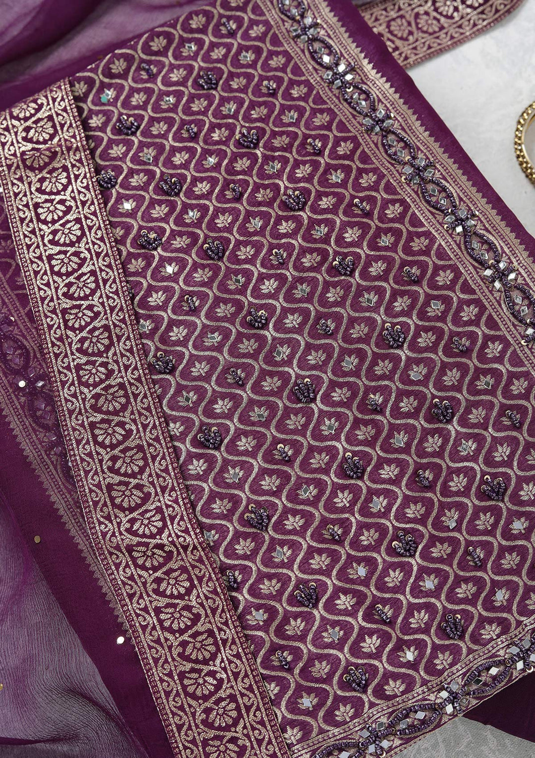 Purple Georgette Gold Zariwork Unstitched Dress Material With Matching Bottom And Dupatta
