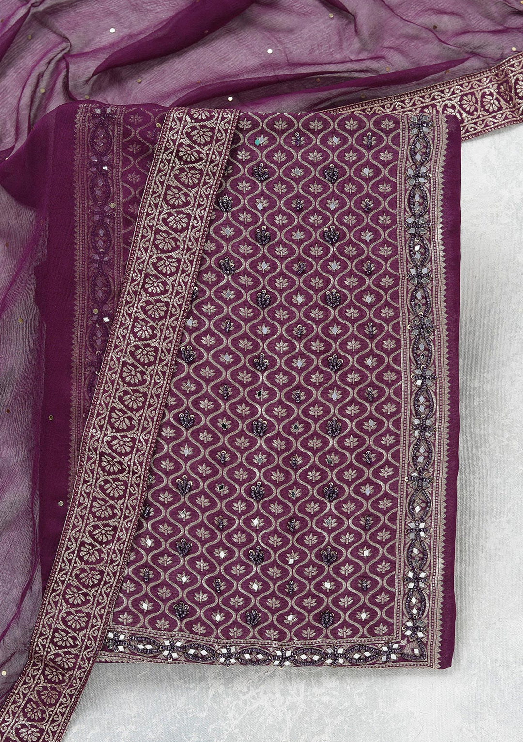 Purple Georgette Gold Zariwork Unstitched Dress Material With Matching Bottom And Dupatta