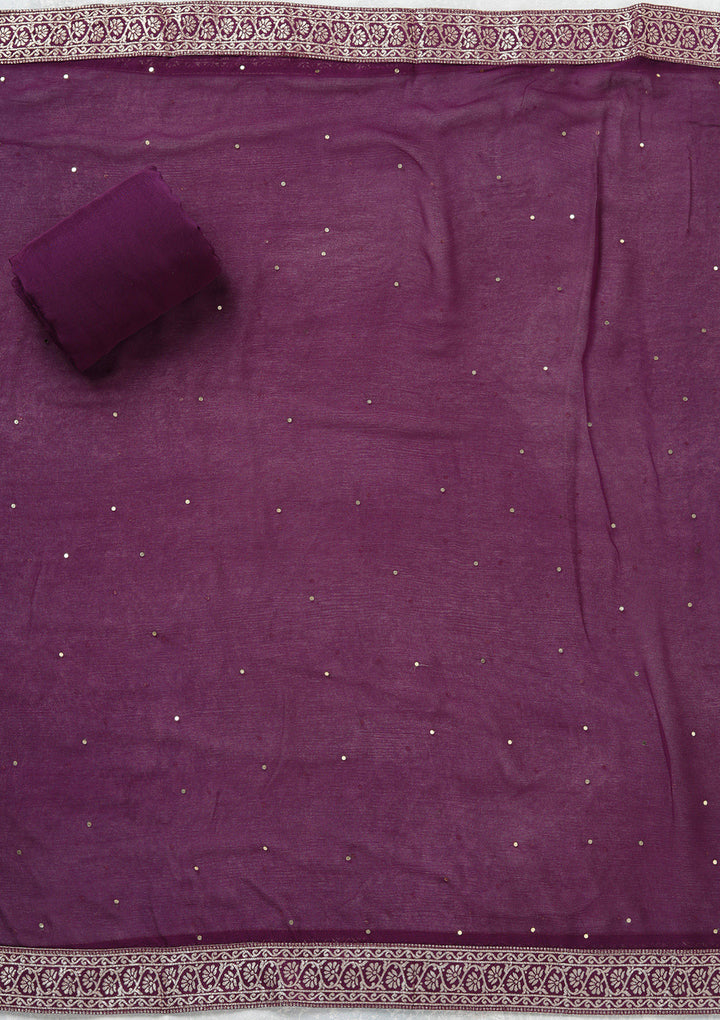 Purple Georgette Gold Zariwork Unstitched Dress Material With Matching Bottom And Dupatta
