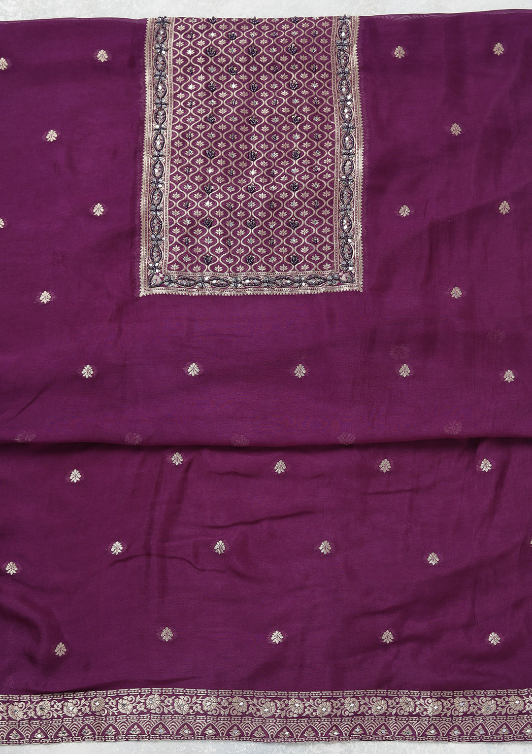 Purple Georgette Gold Zariwork Unstitched Dress Material With Matching Bottom And Dupatta