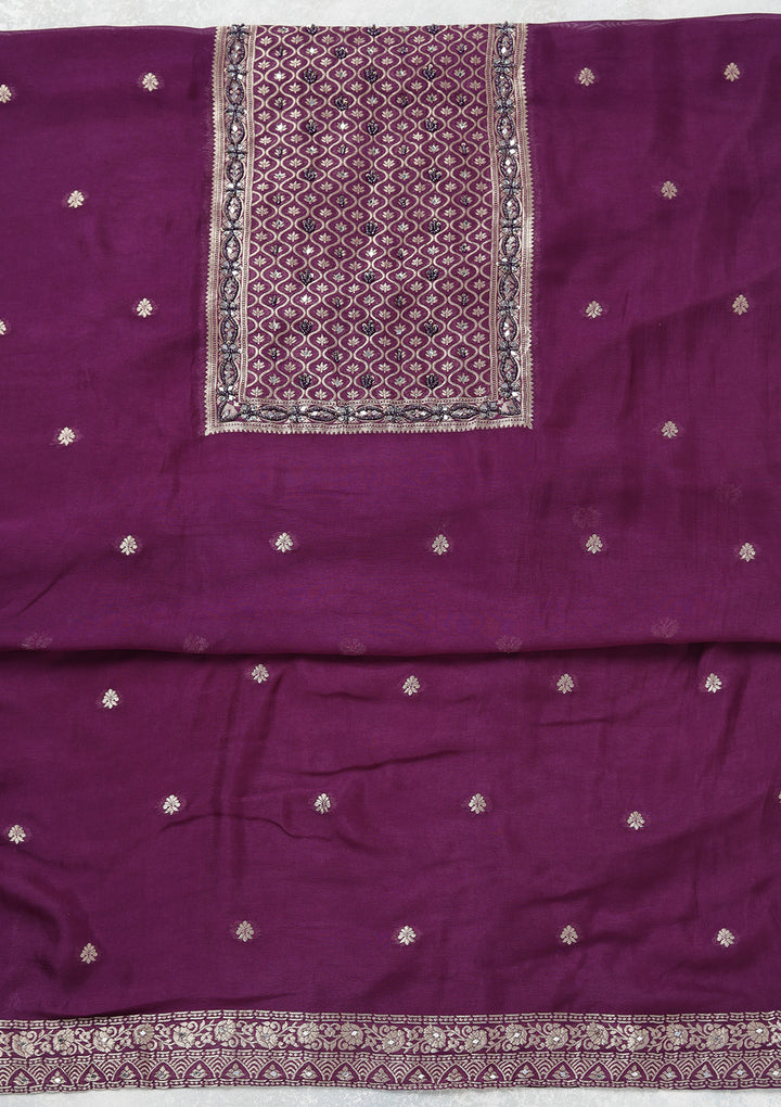 Purple Georgette Gold Zariwork Unstitched Dress Material With Matching Bottom And Dupatta