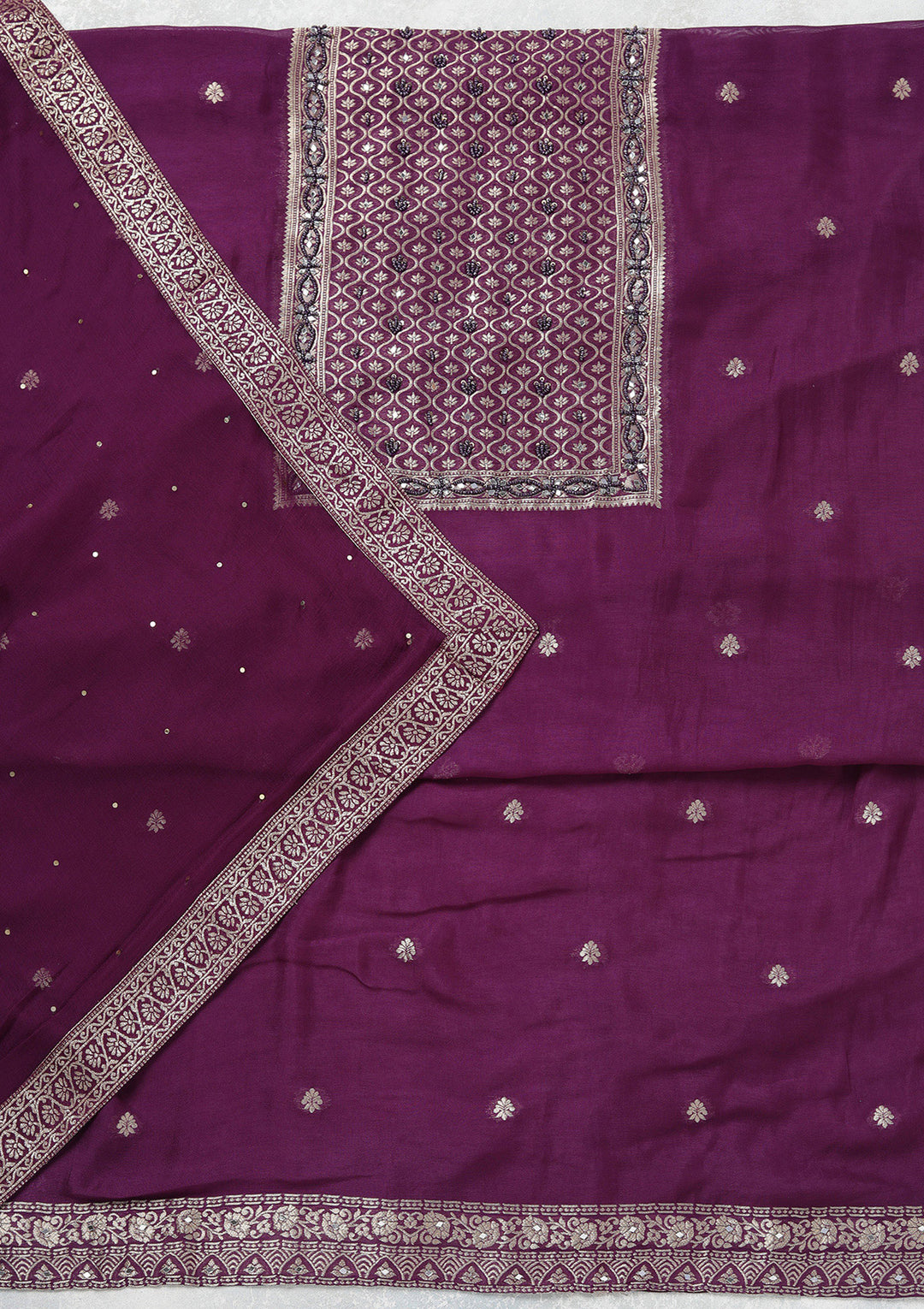 Purple Georgette Gold Zariwork Unstitched Dress Material With Matching Bottom And Dupatta