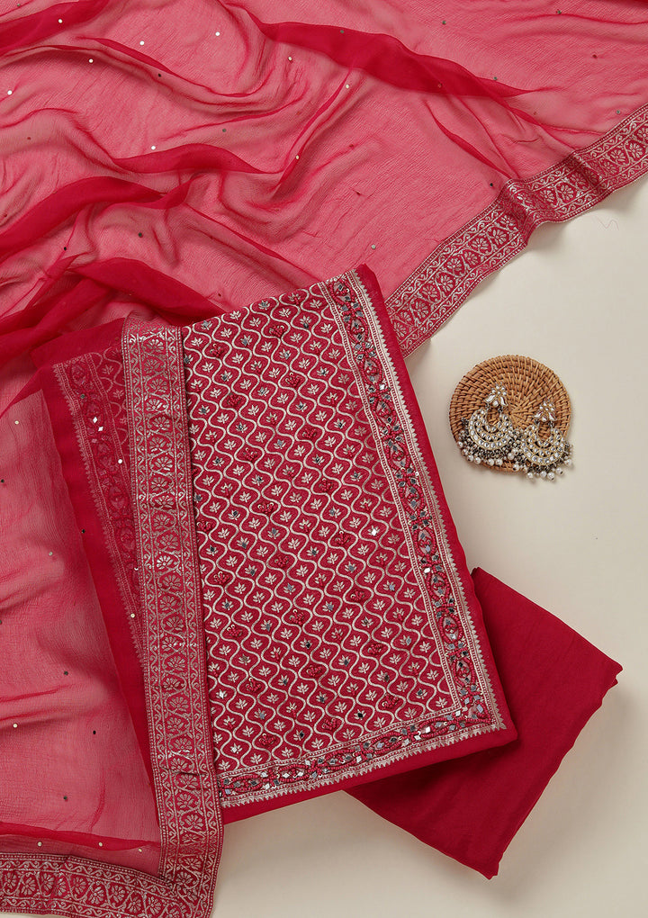 Rani Pink Georgette Gold Zariwork Unstitched Dress Material With Matching Bottom And Dupatta