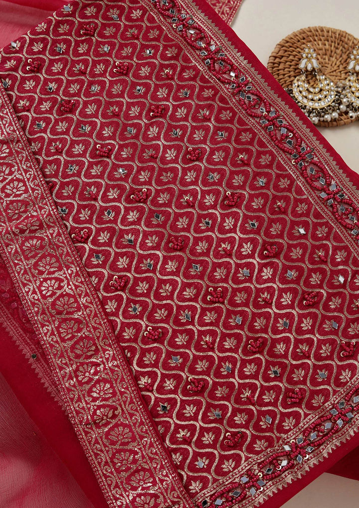 Rani Pink Georgette Gold Zariwork Unstitched Dress Material With Matching Bottom And Dupatta