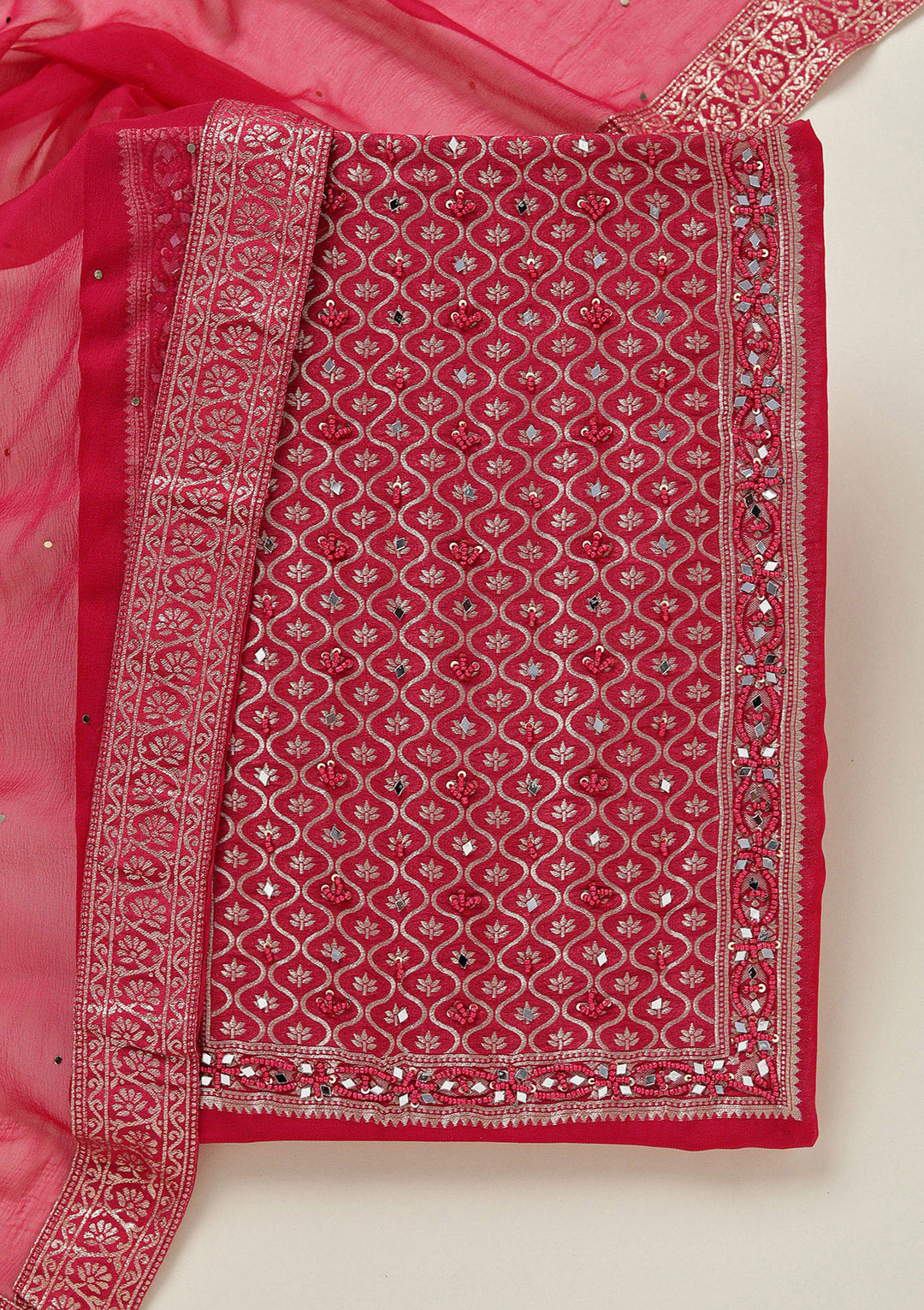 Rani Pink Georgette Gold Zariwork Unstitched Dress Material With Matching Bottom And Dupatta