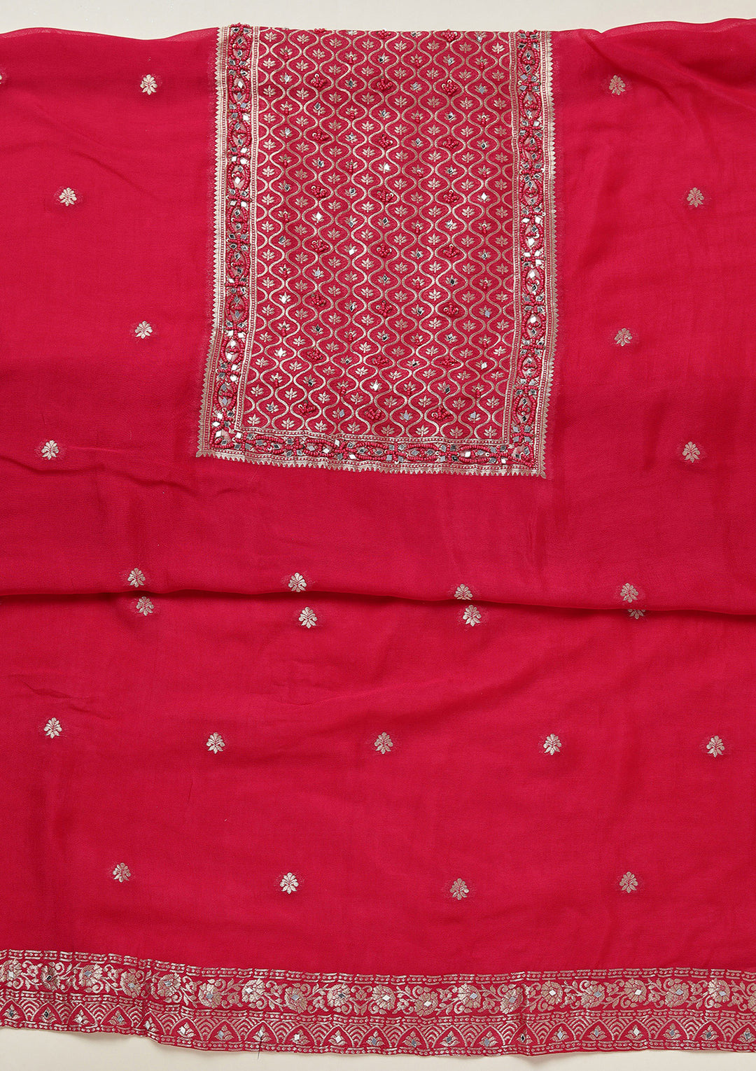 Rani Pink Georgette Gold Zariwork Unstitched Dress Material With Matching Bottom And Dupatta