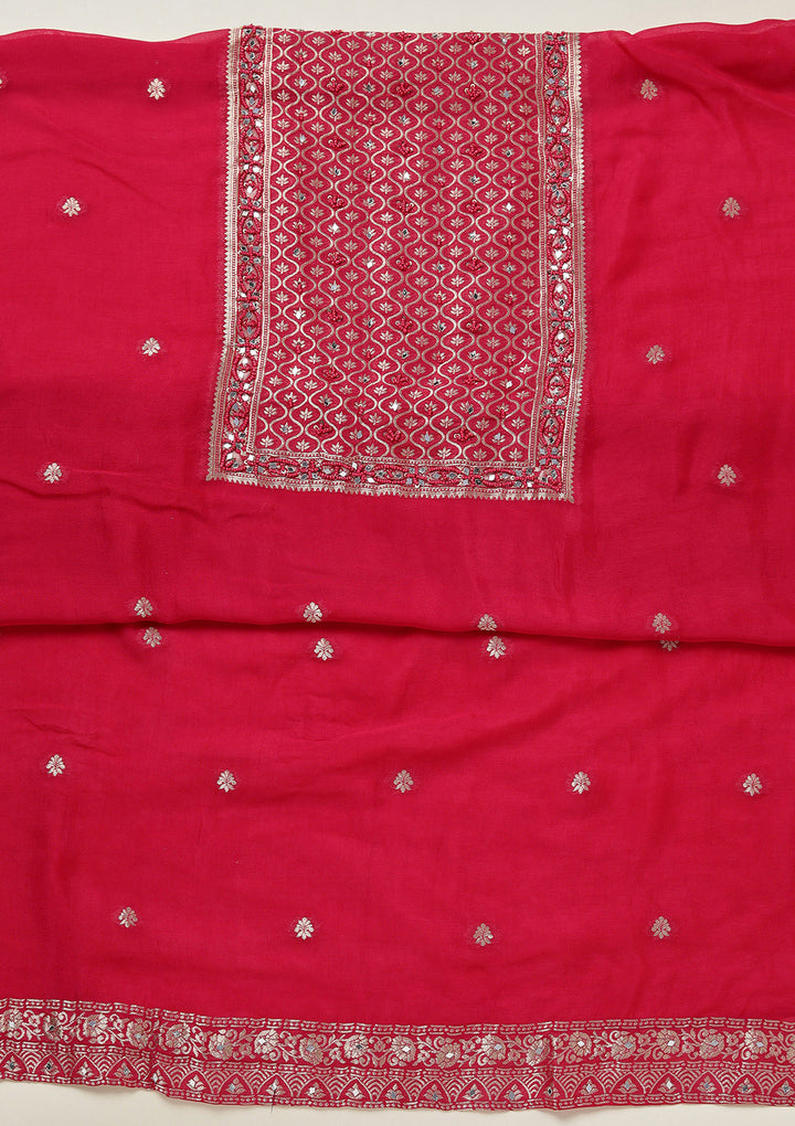 Rani Pink Georgette Gold Zariwork Unstitched Dress Material With Matching Bottom And Dupatta