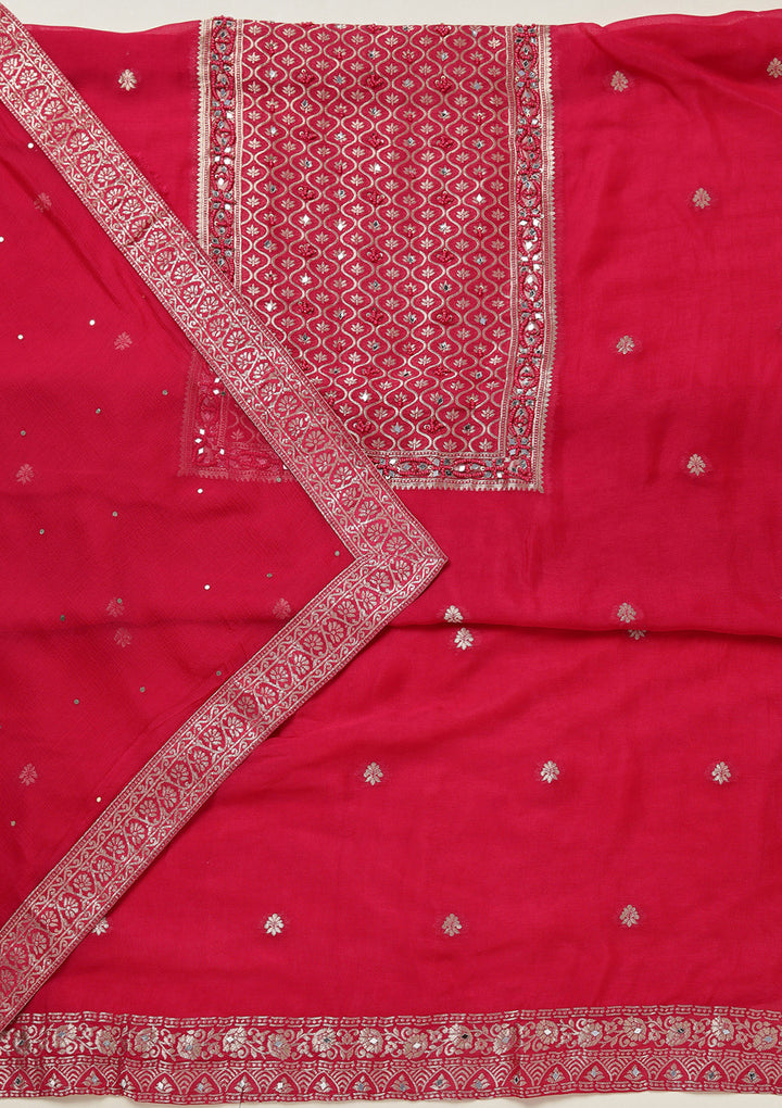 Rani Pink Georgette Gold Zariwork Unstitched Dress Material With Matching Bottom And Dupatta