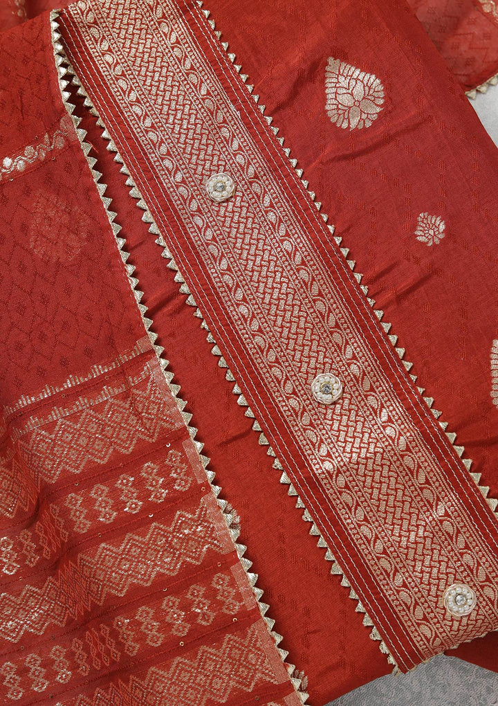 Rust Zariwork (Gold) Dola Silk Unstitched Salwar Suit