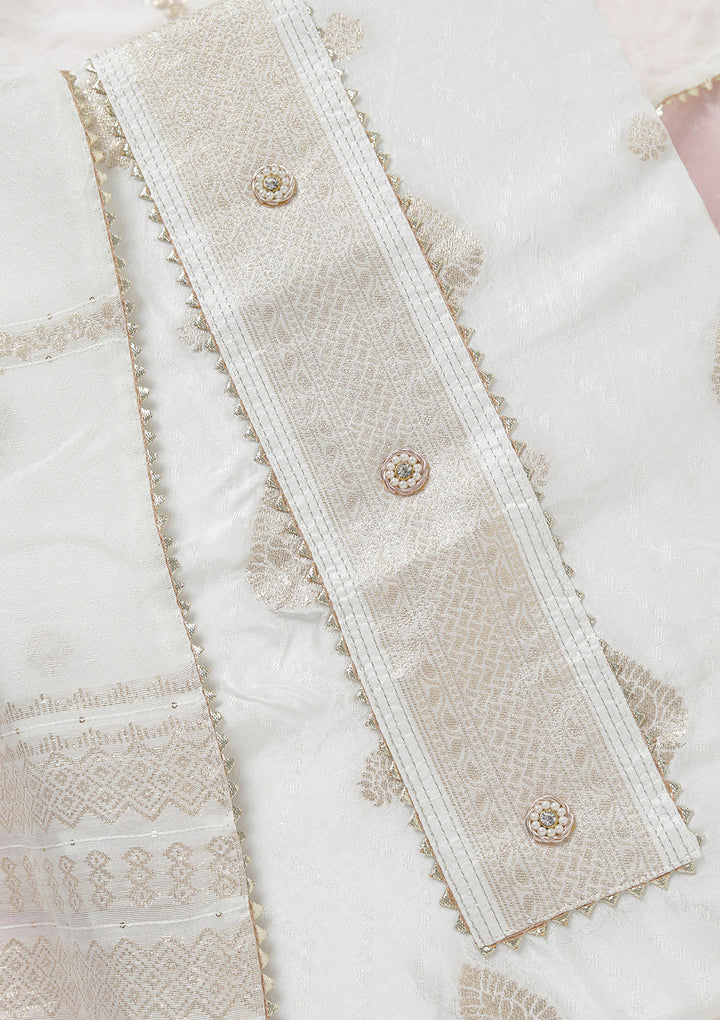 White Dola Silk Gold Zariwork Unstitched Dress Material With Matching Bottom And Dupatta