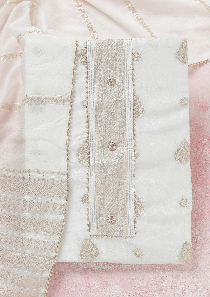White Dola Silk Gold Zariwork Unstitched Dress Material With Matching Bottom And Dupatta