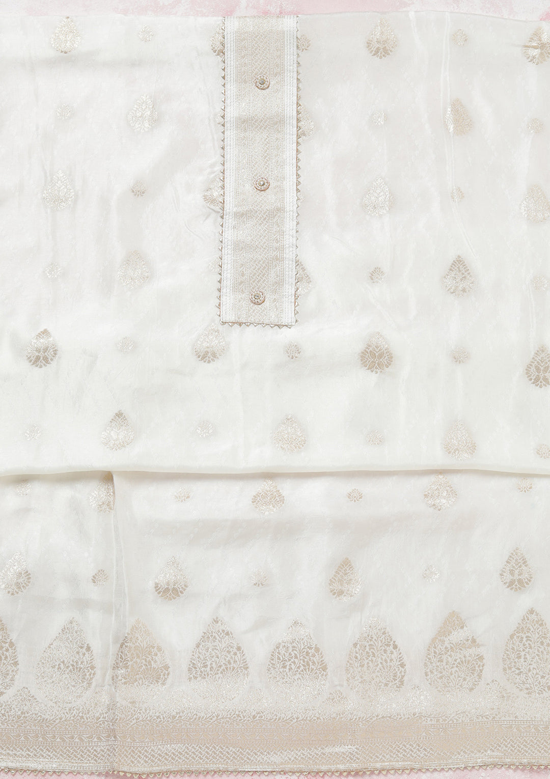 White Dola Silk Gold Zariwork Unstitched Dress Material With Matching Bottom And Dupatta