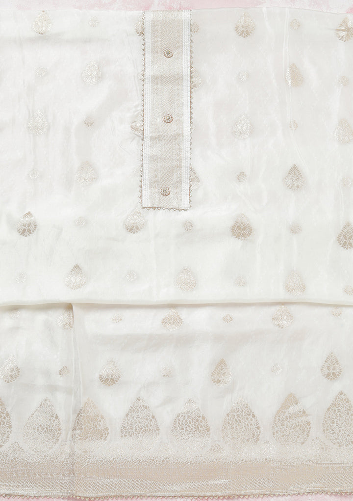 White Dola Silk Gold Zariwork Unstitched Dress Material With Matching Bottom And Dupatta