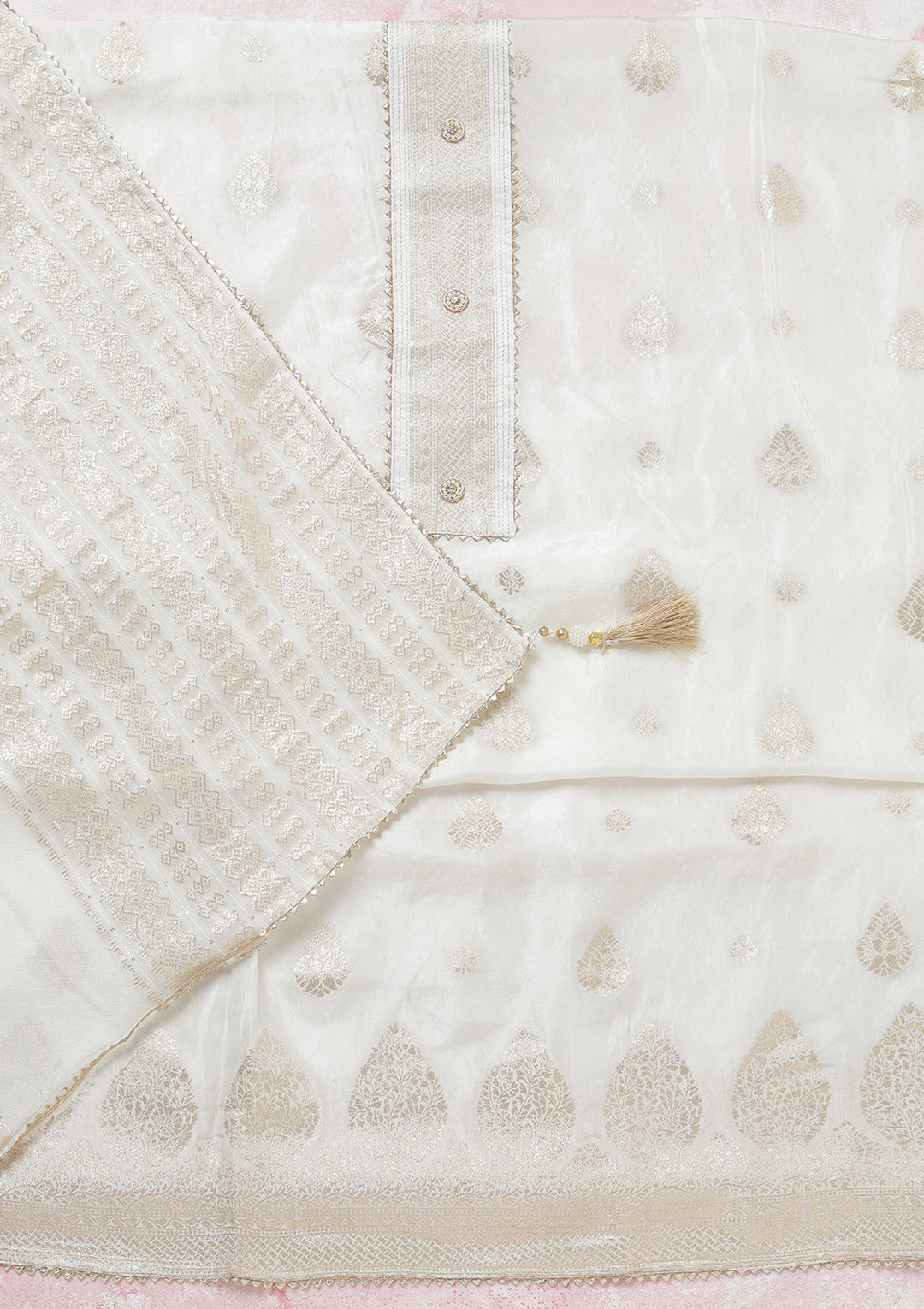 White Dola Silk Gold Zariwork Unstitched Dress Material With Matching Bottom And Dupatta