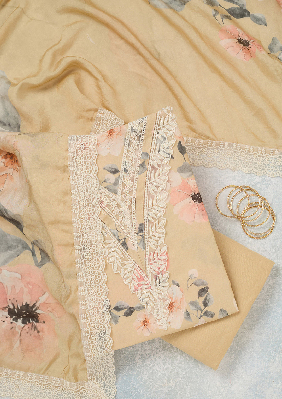 Off White Crepe Floral Threadwork Unstitched Dress Material With Matching Bottom And Dupatta