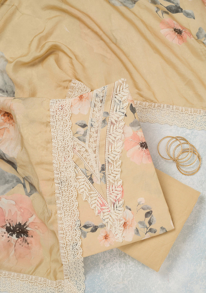 Off White Crepe Floral Threadwork Unstitched Dress Material With Matching Bottom And Dupatta