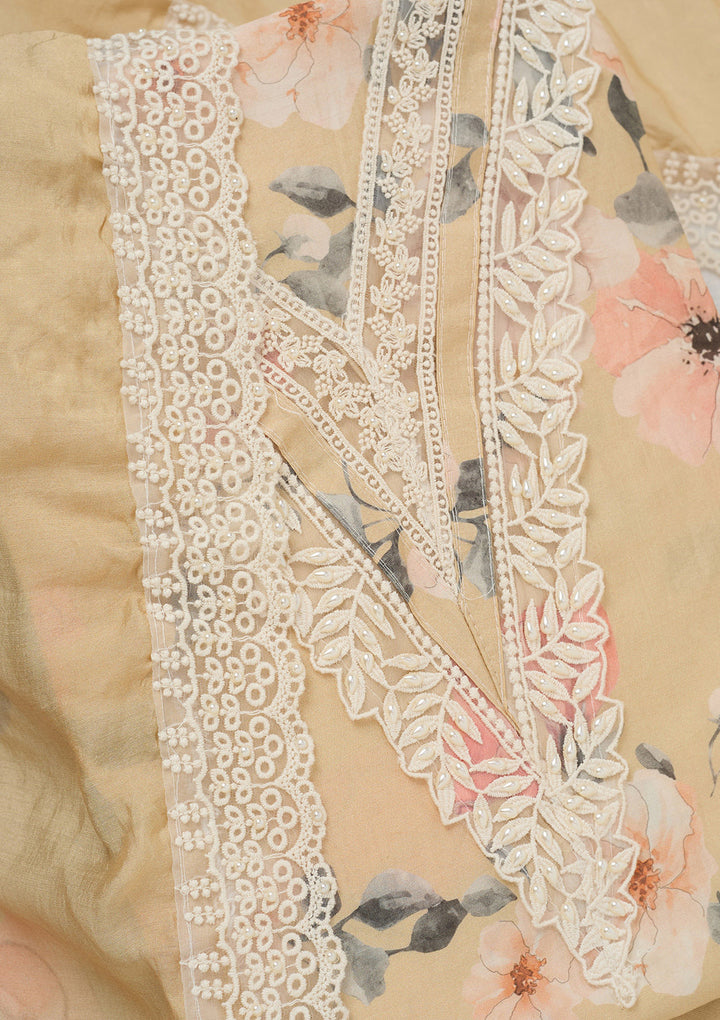 Off White Crepe Floral Threadwork Unstitched Dress Material With Matching Bottom And Dupatta