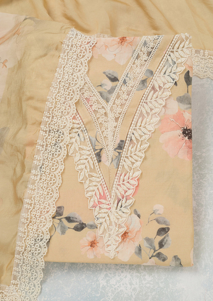 Off White Crepe Floral Threadwork Unstitched Dress Material With Matching Bottom And Dupatta