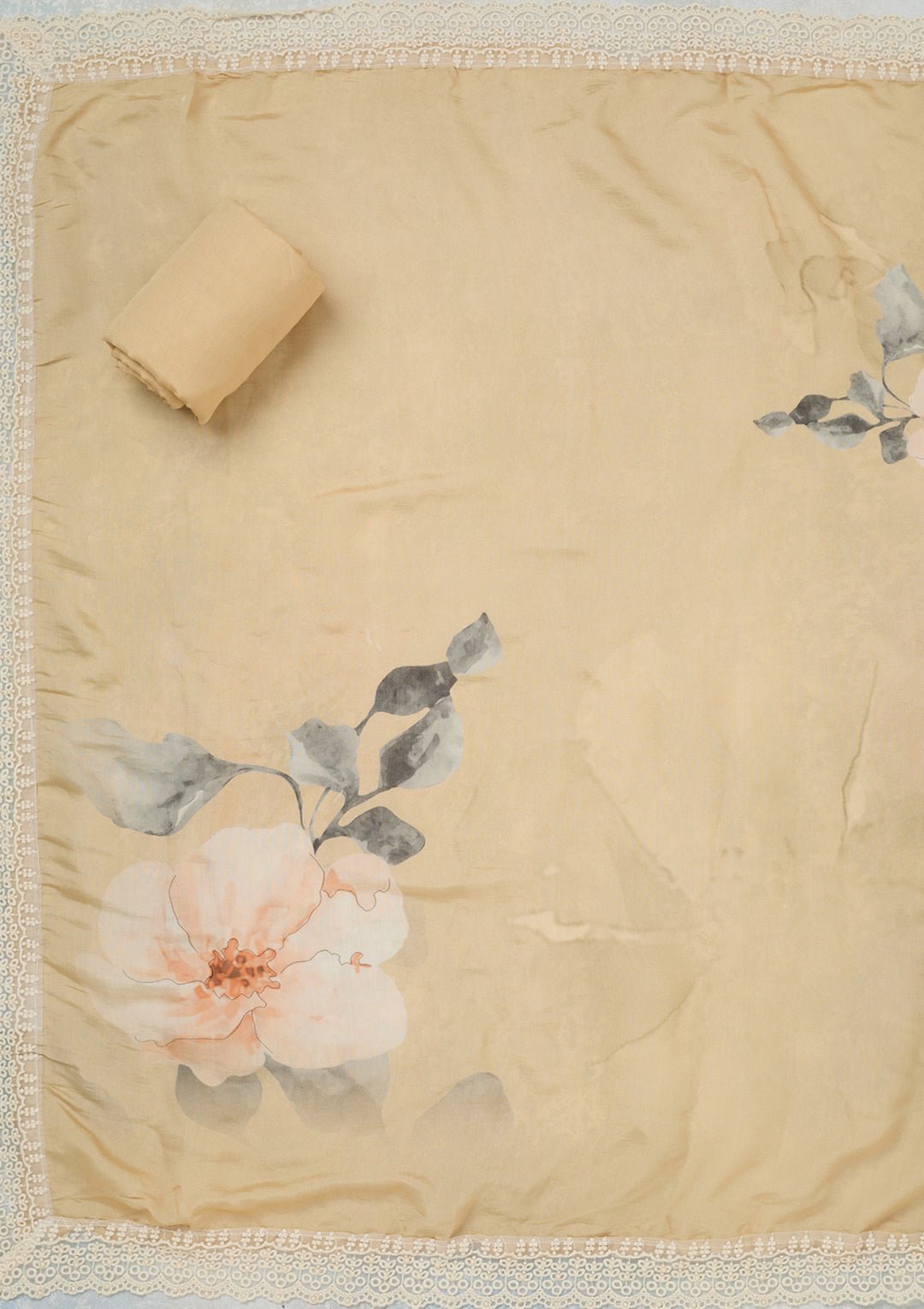 Off White Crepe Floral Threadwork Unstitched Dress Material With Matching Bottom And Dupatta