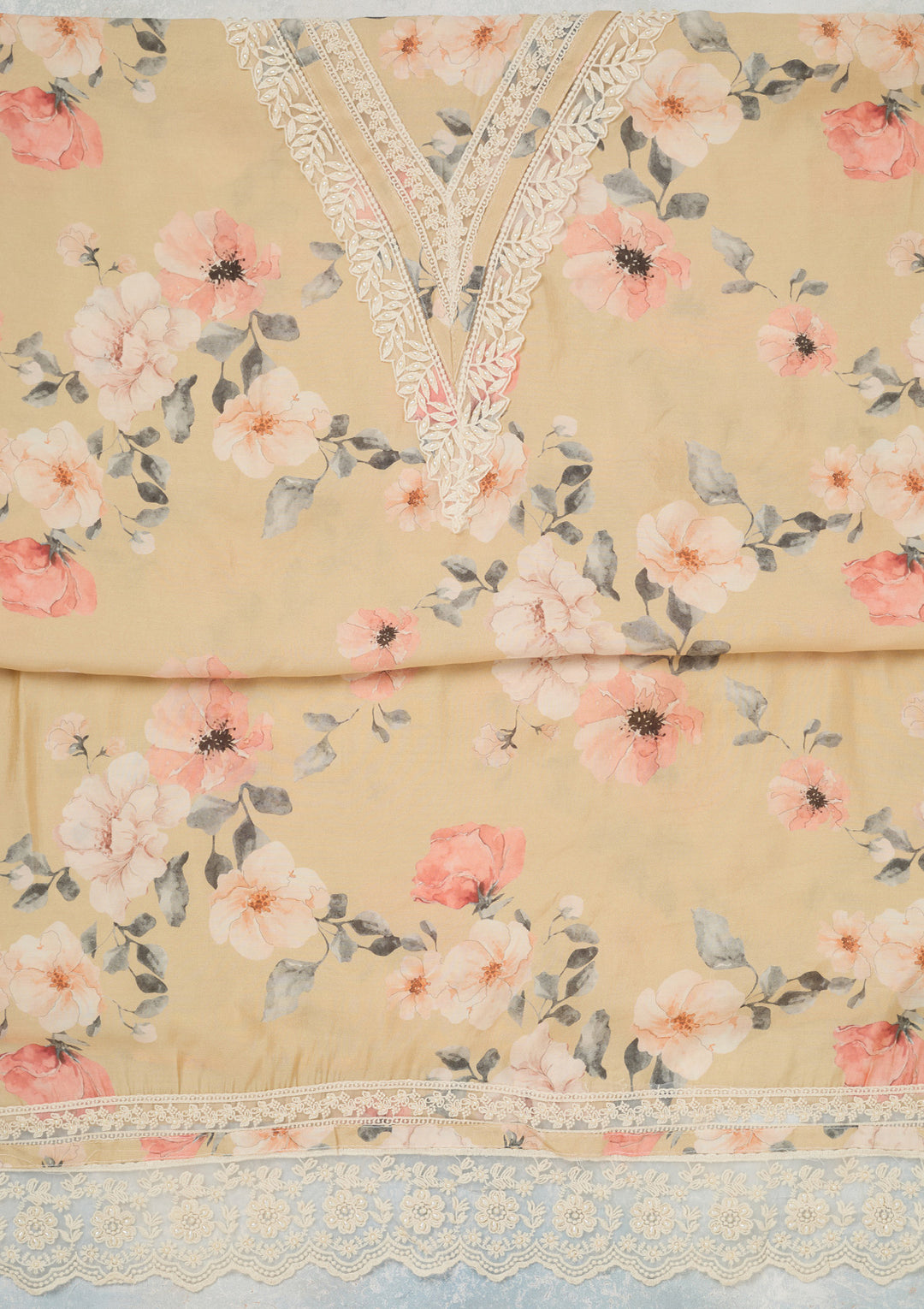 Off White Crepe Floral Threadwork Unstitched Dress Material With Matching Bottom And Dupatta