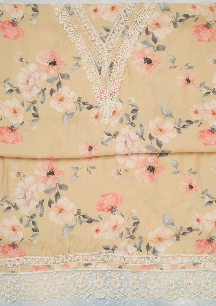 Off White Crepe Floral Threadwork Unstitched Dress Material With Matching Bottom And Dupatta