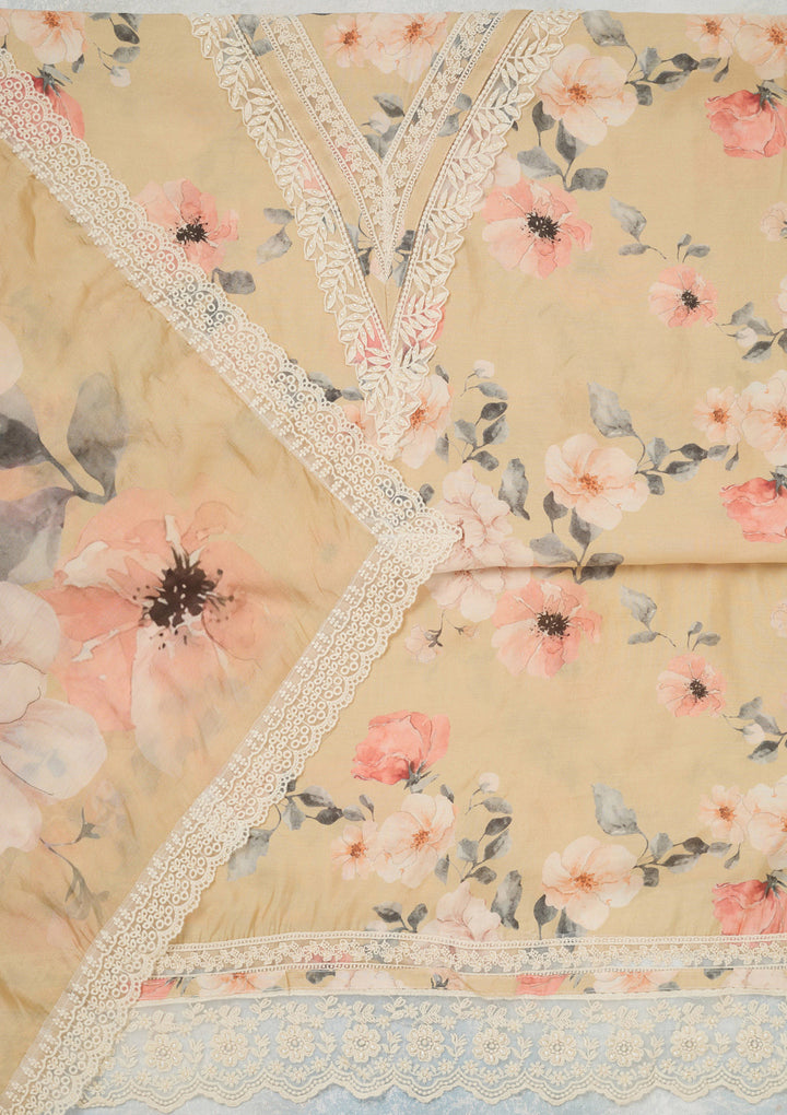 Off White Crepe Floral Threadwork Unstitched Dress Material With Matching Bottom And Dupatta
